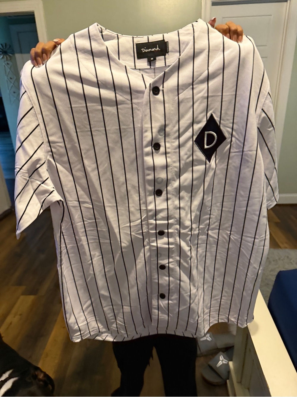 Diamond Supply Co. White Pinstripe Baseball Jersey with Black Logo